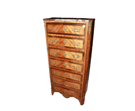 Settimino francese della seconda metà del 1800 Stile Napoleone III con marmo e applicazioni in bronzo 7 cassetti