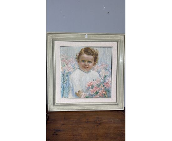 Antico dipinto di gusto Liberty, bambina con fiori, firmato, 75x73 cm