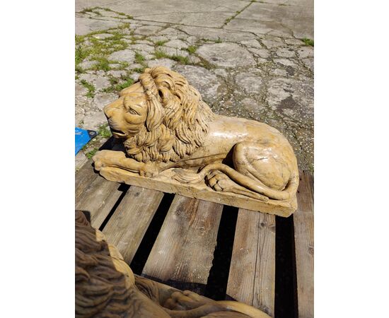 Strepitosa coppia di leoni in marmo giallo reale - 58 x 21 cm - Venezia