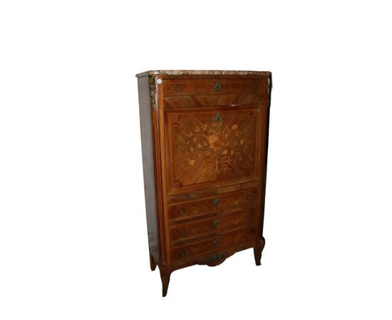 Secretaire francese stile Transizione in legno di Bois de rose con marmo e bronzi XIX secolo