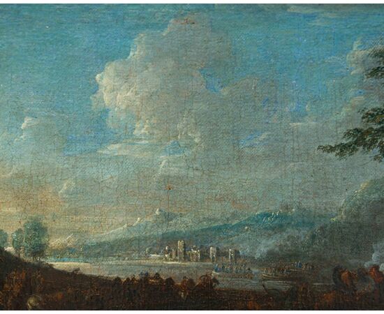 Arnoldo Francesco Rubens (Anversa, 1687-1719), Battaglia con cavalieri in un paesaggio fluviale