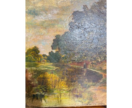 Antico dipinto olio su tela, primi '800, paesaggio, 41x36 cm