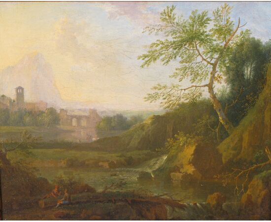 Paesaggio delle campagne romane con architetture e personaggi, Roma,  XVIII° secolo