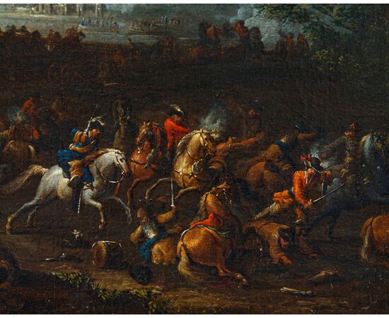 Arnoldo Francesco Rubens (Anversa, 1687-1719), Battaglia con cavalieri in un paesaggio fluviale