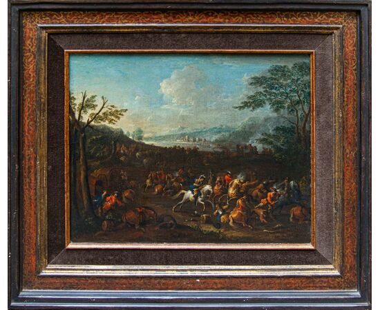 Arnoldo Francesco Rubens (Anversa, 1687-1719), Battaglia con cavalieri in un paesaggio fluviale