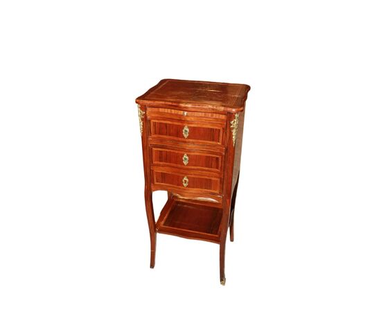 Tavolino Francese Luigi XV con cassetti e antina bronzi e pianetto scrittoio estraibile in legno di bois de violette XIX Secolo
