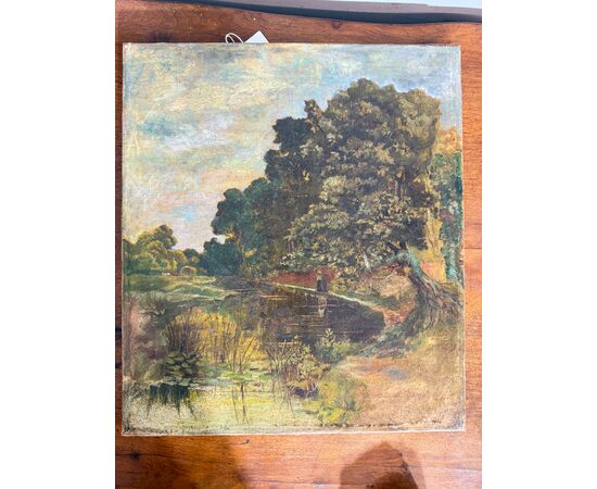 Antico dipinto olio su tela, primi '800, paesaggio, 41x36 cm