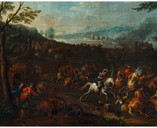 Arnoldo Francesco Rubens (Anversa, 1687-1719), Battaglia con cavalieri in un paesaggio fluviale