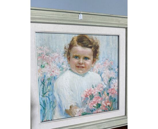 Antico dipinto di gusto Liberty, bambina con fiori, firmato, 75x73 cm