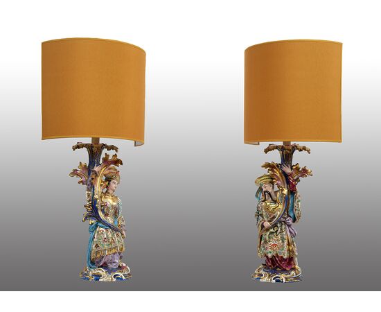 Pair of antique polychrome porcelain lamps in the style of Jacob Petit. France 19th century.