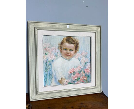 Antico dipinto di gusto Liberty, bambina con fiori, firmato, 75x73 cm