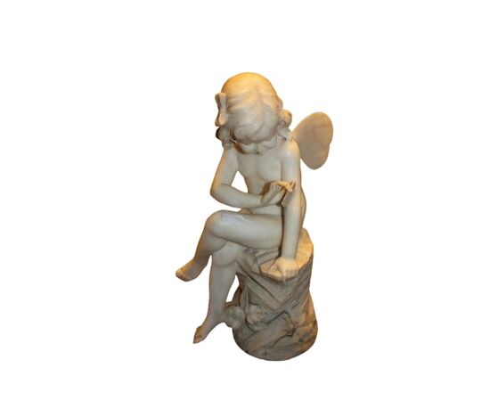 Putto francese in marmo bianco – Seconda metà '800, scultura con ali su piedistallo