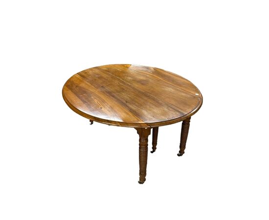 Tavolo Con Alette Ovale del 1800 Allungabile in Legno di Noce Stile Luigi Filippo Rustico