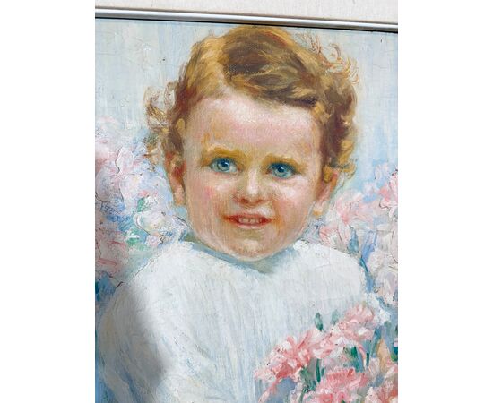 Antico dipinto di gusto Liberty, bambina con fiori, firmato, 75x73 cm