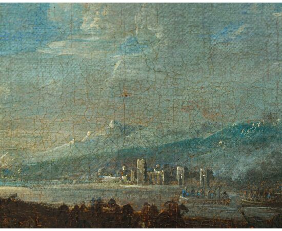 Arnoldo Francesco Rubens (Anversa, 1687-1719), Battaglia con cavalieri in un paesaggio fluviale