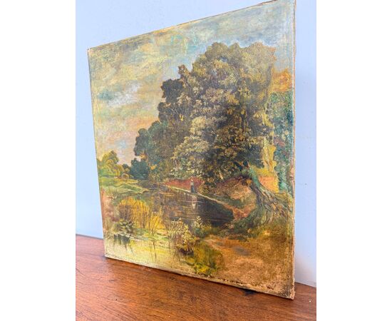 Antico dipinto olio su tela, primi '800, paesaggio, 41x36 cm