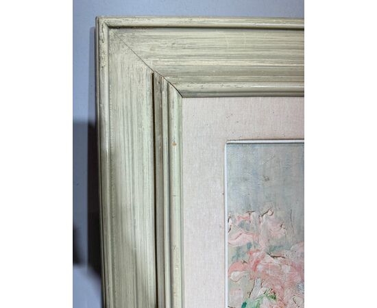 Antico dipinto di gusto Liberty, bambina con fiori, firmato, 75x73 cm