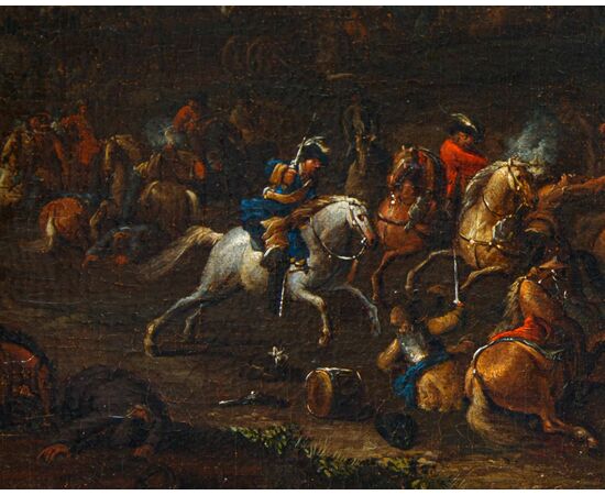 Arnoldo Francesco Rubens (Anversa, 1687-1719), Battaglia con cavalieri in un paesaggio fluviale