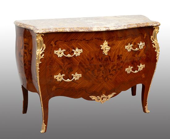 Cassettone antico Napoleone III Francese in legni esotici pregiati con piano in marmo. Periodo XIX secolo.