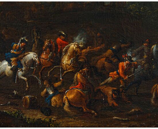 Arnoldo Francesco Rubens (Anversa, 1687-1719), Battaglia con cavalieri in un paesaggio fluviale