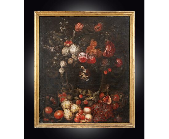 Antique Flemish oil painting on canvas depicting still life with figures. 18th-century period.