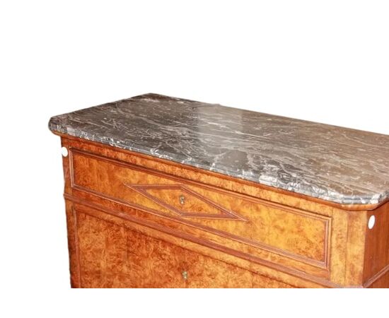 Secretaire Francese del 1800 Stile Impero In Radica di Olmo con Marmo Nero