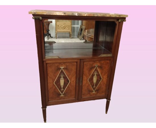 Credenzino in mogano con bronzi e marmo del 1800 stile Luigi XVI francese