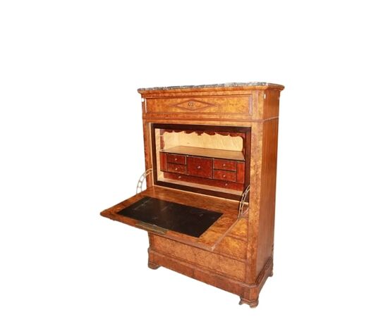 Secretaire Francese del 1800 Stile Impero In Radica di Olmo con Marmo Nero