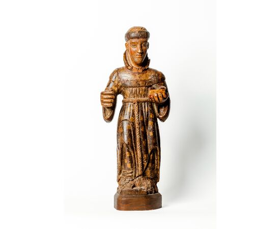 Frate francescano in legno con policromia originale - Italia XIV secolo