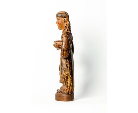 Frate francescano in legno con policromia originale - Italia XIV secolo