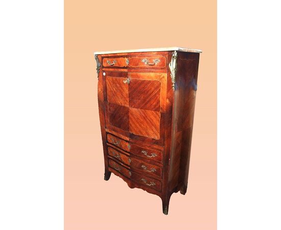 Grande secretaire francese stile Luigi XV del 1800 con intarsi marmo e bronzi