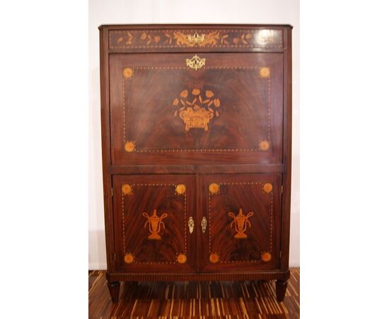 Secretaire olandese Impero di fine 1700 in piuma di mogano 