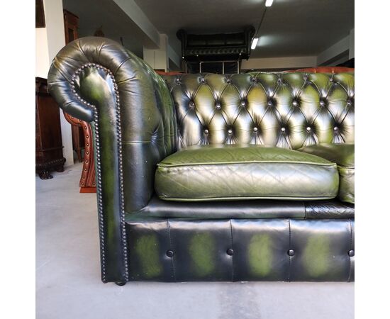 Divano 3 posti chesterfield club vintage inglese originale in pelle verde 