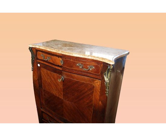 Grande secretaire francese stile Luigi XV del 1800 con intarsi marmo e bronzi