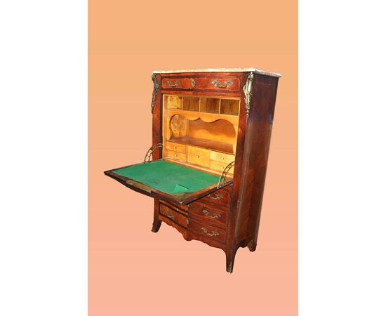 Grande secretaire francese stile Luigi XV del 1800 con intarsi marmo e bronzi