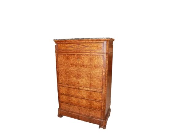 Secretaire Francese del 1800 Stile Impero In Radica di Olmo con Marmo Nero
