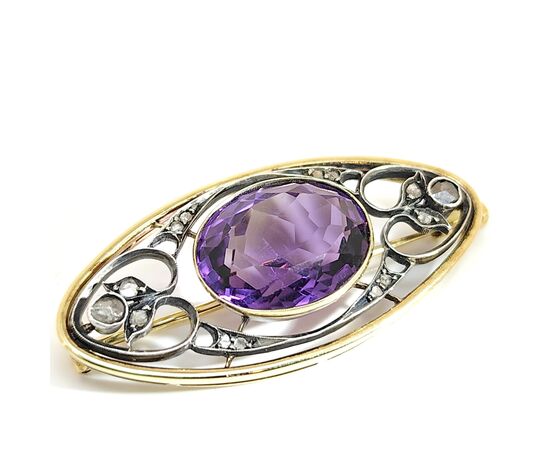 SPILLA  AMETISTA ORO E ARGENTO