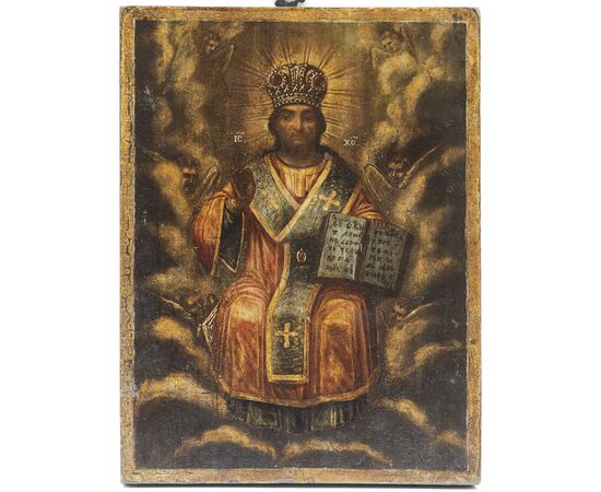 Icona in legno con Cristo Pantocratore - Russia XIX secolo