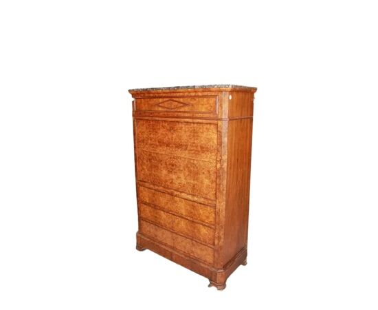 Secretaire Francese del 1800 Stile Impero In Radica di Olmo con Marmo Nero