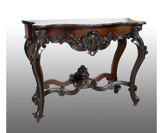 Consolle antica Luigi Filippo Napoletana in legno esotico pregiato con piano in marmo rosso Levanto. Periodo XIX secolo.