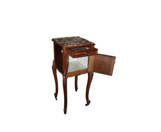 Comodino Francese Stile Luigi Filippo Con Intagli e Piano in Marmo XIX secolo