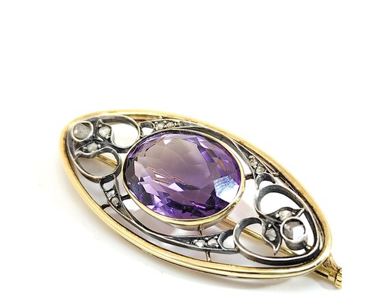 SPILLA  AMETISTA ORO E ARGENTO