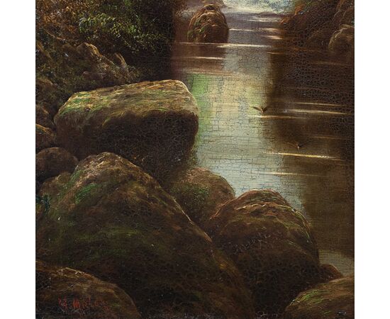 W. Miller (British, fine XIX sec.) - Paesaggio boschivo con ruscello.