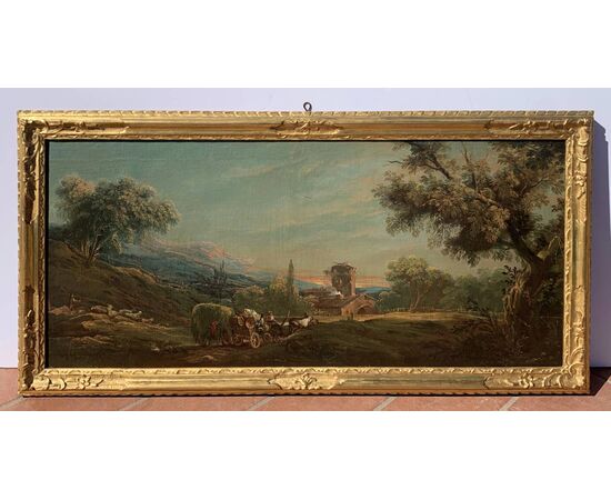 Antonio Diziani (Venezia 1737 - Venezia 1797) - Paesaggio bucolico con personaggi e carro.