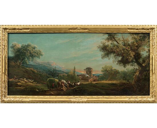 Antonio Diziani (Venezia 1737 - Venezia 1797) - Paesaggio bucolico con personaggi e carro.