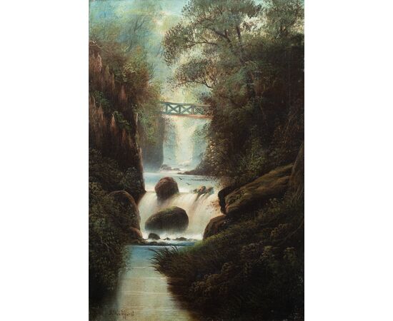 S.W. Clifford (British, fine XIX sec.) - Paesaggio boschivo con cascata. 