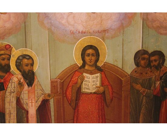 Icona russa: Protezione della Madre di Dio o Pokrov, XIX secolo misure tavola 92 x 70 cm. 