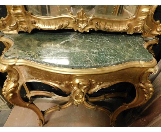 SPECC556 - Consolle con specchiera in legno intagliato e dorato, epoca '700, misure massime cm L 155 x H 315 x P 53