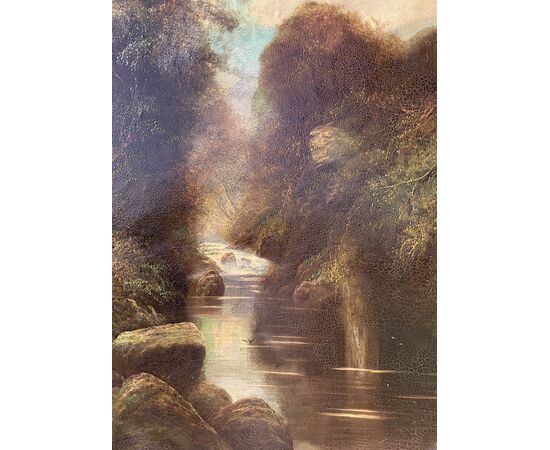 W. Miller (British, fine XIX sec.) - Paesaggio boschivo con ruscello.