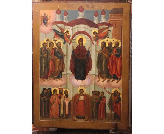 Icona russa: Protezione della Madre di Dio o Pokrov, XIX secolo misure tavola 92 x 70 cm. 